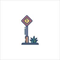 A road sign with a warning sign on it vector