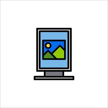 A computer monitor with a picture of mountains on it vector