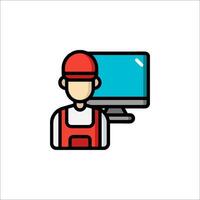A man in a red hat and overalls is standing in front of a computer vector