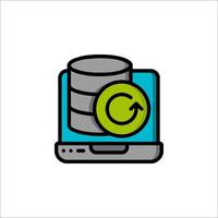 A computer with a green arrow and a disk icon vector