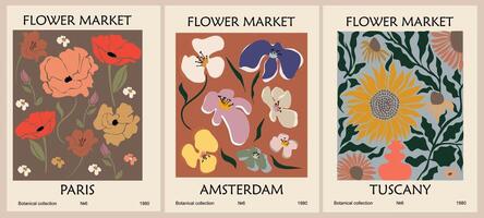 Three flower market posters with different flowers and colors. The first poster has a red background and a yellow sunflower vector