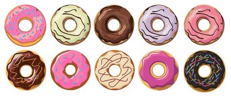 Donuts glazed with colorful sugar, chocolate icing vector