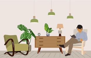 Man reading book, sitting in armchair . vector