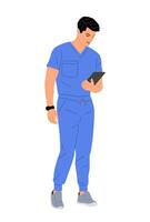 Young man doctor standing and looking at tablet . vector