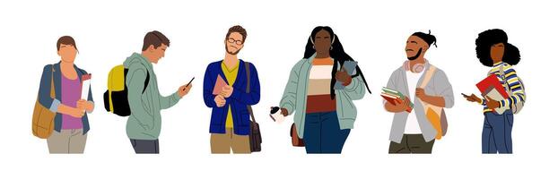 Set of multiracial students art isolated. vector