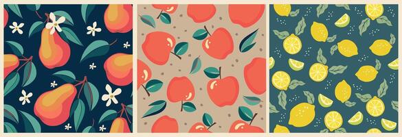 Set of Botanical seamless patterns with fruits. vector