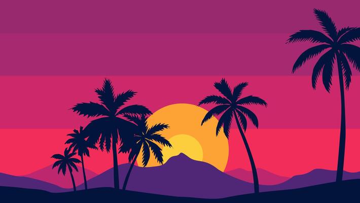 Beautiful summer background, banner with sunset under mountains and palm tree silhouettes.