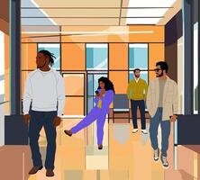 Different business people walking, standing in hallway of modern office building vector