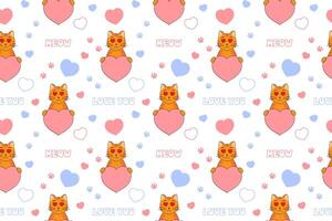 Cute Valentine's Day seamless pattern with cat, heart, paw prints and lettering. Festive design for wrapping paper, fabric, wallpaper, cards. illustration2 vector