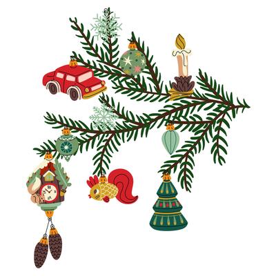 branch of a Christmas tree with retro-style Christmas balls. Soviet glass toys in flat style. car, Christmas tree, candle. Decor for Christmas, New Year and holidays. Hand-drawn isolated on a white