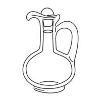 A glass bottle with olive oil. Outline illustration in sketch style, coloring book. Glass container with a large handle, for home use. The jug is covered with a glass lid. Isolated on white vector