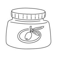 Olives in a plastic jar. Contour illustration of a closed jar of cosmetics with the addition of olive oil. hand-drawn container with olives added, linear. Isolated illustration of cosmetics on a white vector