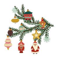 branch of Christmas tree with retro-style Christmas balls. Soviet glass toys in flat style. Santa Claus, pinecone, nutcracker, snowflake. Decor for Christmas, New Year, holidays. isolated on a white vector