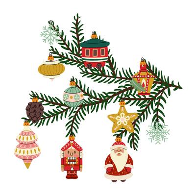 branch of Christmas tree with retro-style Christmas balls. Soviet glass toys in flat style. Santa Claus, pinecone, nutcracker, snowflake. Decor for Christmas, New Year, holidays. isolated on a white