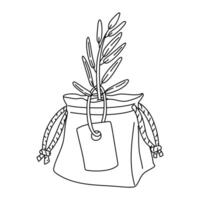 An olive tree sprout in a gift bag in the form of a contour. Isolated flat illustration. An environmentally friendly product with olive oil content. symbol of natural product. outline for coloring vector