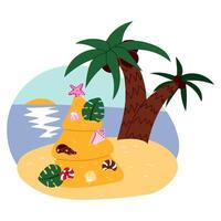 A tropical Christmas. Christmas palm tree is a sand tree with shells and leaves in the form of ornaments. Sand and sea with sunset. A flat-style illustration for a postcard. Holiday card vector