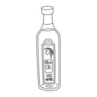 A glass bottle of olive oil is closed for the store. Outline illustration in sketch style, coloring book. Durable dark glass for sale with a label in full design. Isolated on white vector
