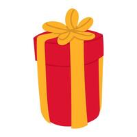 gift box with a bow on top. geometric shape is transformed into a red elongated box with a yellow ribbon, tied in a bow with five loops. Isolated on white. holiday gift. New Year, Christmas, Birthday vector