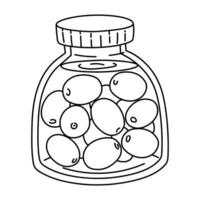 Olives in a glass jar. Contour illustration of a closed glass jar full of olives. Hand-drawn olives in brine, linear. Isolated illustration of food on a white background. Food additives vector