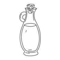 A glass bottle with olive oil. Outline illustration in sketch style, coloring book. Glass container with handle, for home use. The jug is sealed with a cork stopper. Isolated on white vector