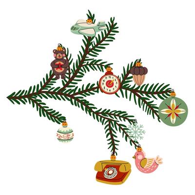 branch of a Christmas tree with retro-style Christmas balls. Soviet glass toys in a flat style. Airplane, phone. Decor for Christmas, New Year and holidays. Hand-drawn isolated illustration on a white