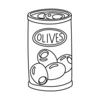 Olives in an iron jar. Contour illustration of a closed jar filled with olives. Hand-drawn pitted olives in brine, linear. Isolated illustration of food on a white background. Food additives vector