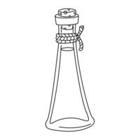 glass bottle with homemade olive oil, sealed with a stopper. Outline illustration in sketch style, coloring book. glass container for home use with a rope and closed with cork stopper. Isolated white vector