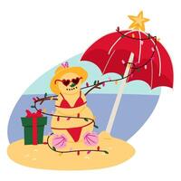 A sand snowman on the beach with an umbrella and a garland. Christmas holidays at the beach. A postcard celebrating New Year and Christmas on a sunny beach. Sand, shells, sun umbrella vector
