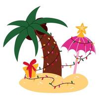 tropical Christmas. palm tree and a sun umbrella are decorated with a garland. palm tree with coconuts, an umbrella with star, Christmas gift. Festive garland on a palm tree. illustration is in flat vector