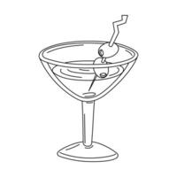 martini glass with olives. Olives on a skewer float in a glass with a drink. An alcoholic cocktail, hand-drawn. A feminine sophisticated drink. contour illustration on white is handmade with a black vector