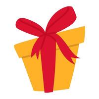 gift box with a bow on top. The geometric shape is transformed into a yellow box with a red ribbon, tied in a bow with two loops. Isolated on white. A holiday gift. New Year, Christmas, Birthday vector