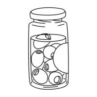 Olives in a glass jar. Contour illustration of a glass jar closed and half filled with olives. Hand-drawn olives in brine, linear. Isolated illustration of food on a white background. Food additives vector