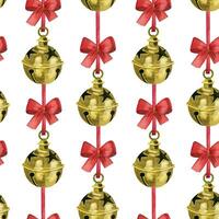 Golden Christmas bells with red bows on a light background, seamless watercolor pattern. All objects are hand painted with watercolors. Suitable for printing on product packaging, gift paper vector