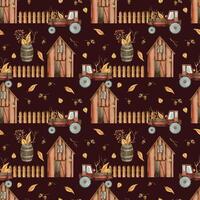 Farm with fence, tractor, plants, storage barrel. Seamless watercolor pattern painted with watercolor. Suitable for printing on fabric, paper and scrapbooking. High quality illustration vector