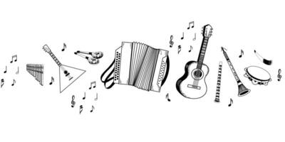 Folk musical instruments, accordion, balalaika, horn, flute, spoons, notes, acoustic guitar. All objects are hand-drawn in , suitable for printing on posters, invitations, postcards vector