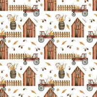 Farm with fence, tractor, plants, storage barrel. Seamless watercolor pattern painted with watercolor. Suitable for printing on fabric, paper and scrapbooking. High quality illustration vector