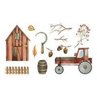 Barn, tractor, acorns, fence, branch with berries, wooden barrel, autumn leaves. All objects are hand-drawn with watercolors. Suitable for printing on postcards, invitations, for scrapbooking vector
