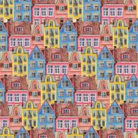 Seamless watercolor pattern. Dutch old houses in pink, yellow and blue colors hand painted with watercolor. Suitable for printing on fabric, paper, for scrapbooking and wrapping paper vector