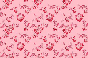 Abstract artistic berries on a branches leaves seamless pattern on a pink background. Stylized juniper, boxwood, viburnum, dogwood barberry print. Botanical illustration ornament vector