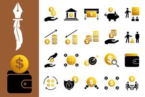 Finance icon set, with black and gold gradient colors, ideal for financial applications, business reports, and digital marketing materials. vector