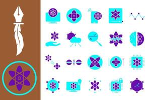 Quantum Computing icon set, with dark blue and light blue color styles, designed to depict quantum technology, quantum mechanics and modern computing applications. vector