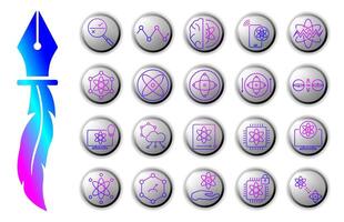 Quantum Computing icon set, with gradient line style and button background on white isolated background, depicts quantum technology, quantum mechanics and modern computing applications. vector
