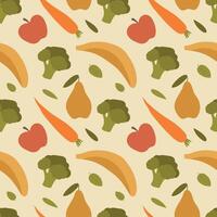 Healthy eating seamless pattern. Banana, broccoli, apple, carrot and pear on a beige background. illustration for background, fabric, cover, paper, packaging vector