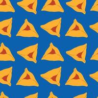 Purim seamless pattern. Yellow gomenash on a bright blue background. Modern illustration for wrapping paper, greeting card, fabric, background vector