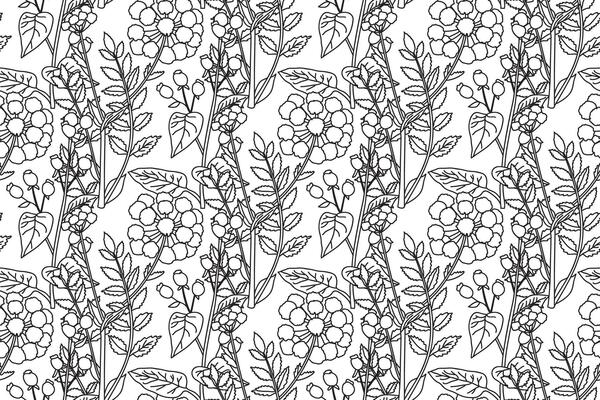 Botanical Line art abstract seamless plant pattern with wildflowers illustration. Black and white outline repeating floral print. Graphic design for Wallpaper Wedding Cover Wrapping pack Textile