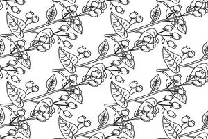 Botanical Line art abstract seamless branch and leaves and berries pattern illustration. Black and white outline repeating tree plant print. Graphic design for Wallpaper Wedding Cover Wrapping vector