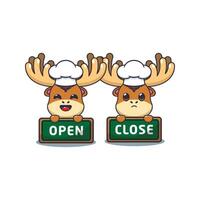 chef moose mascot cartoon character with open and close board. vector