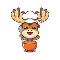 chef moose mascot cartoon character with soup. vector