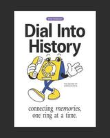 Retro-style poster featuring a rotary phone mascot with charming details, ideal for nostalgic decor, retro branding, and vintage-themed merchandise. vector