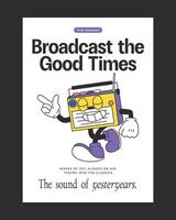 Retro-style poster featuring a radio mascot with playful details, ideal for nostalgic decor, retro-themed branding, and creative merchandise. vector